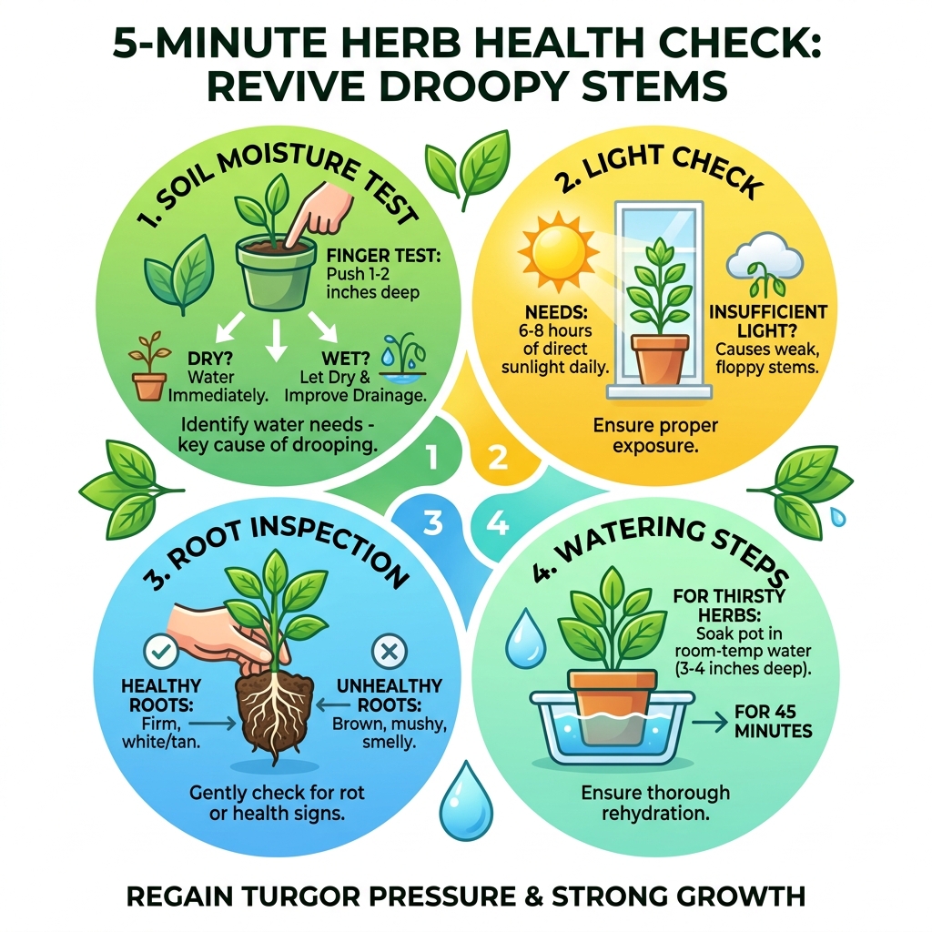 5-minute herb health check infographic showing soil moisture test, light check, root inspection, and watering steps - fix 5-minute herb health check infographic showing soil moisture test, light check, root inspection, and watering steps - fix