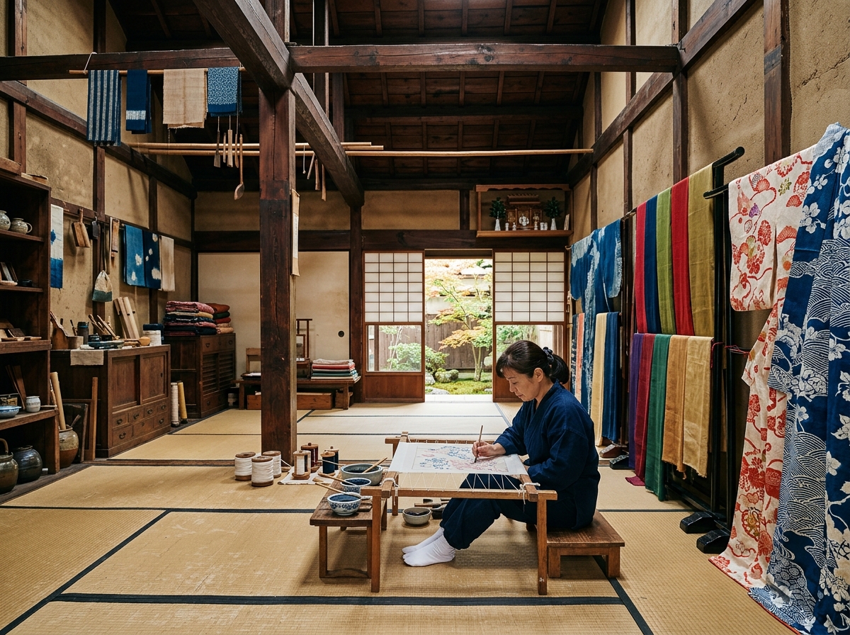 A traditional Kyomachiya workshop setting with wooden beams and colorful fabrics - authentic furoshiki wrapping workshops