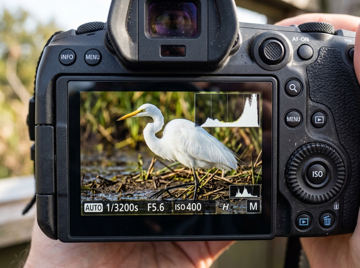Camera screen showing a histogram with the graph pushed to the far right - bird photography exposure triangle Camera screen showing a histogram with the graph pushed to the far right - bird photography exposure triangle