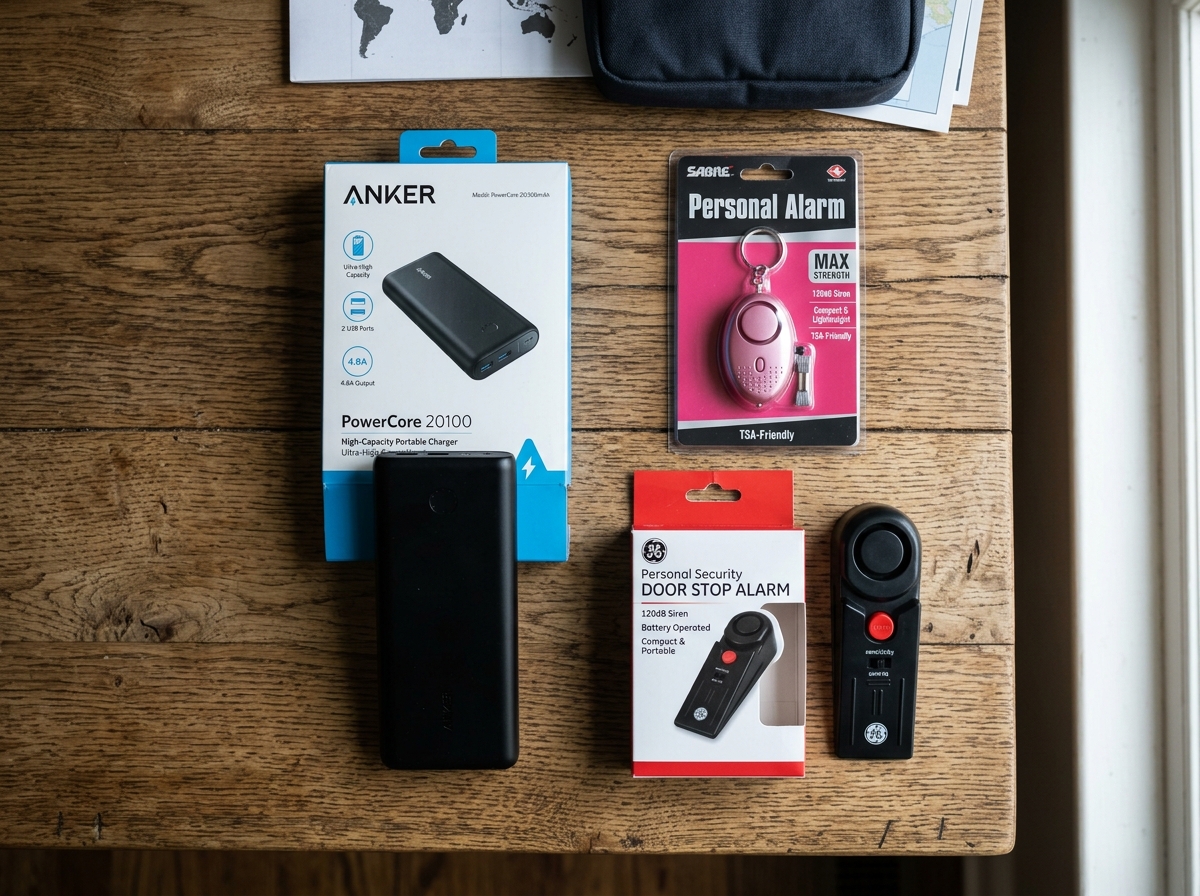 Flat-lay featuring a personal alarm, portable door stop, and high-capacity power bank - how to be safe traveling alone as a