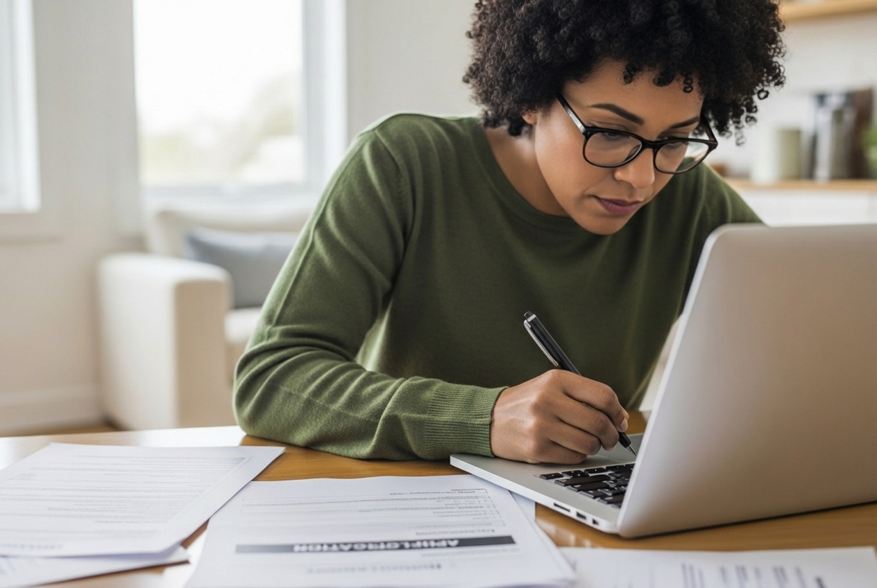A person filling out an online application form on a laptop, with various documents scattered around. - emergency eviction assistance