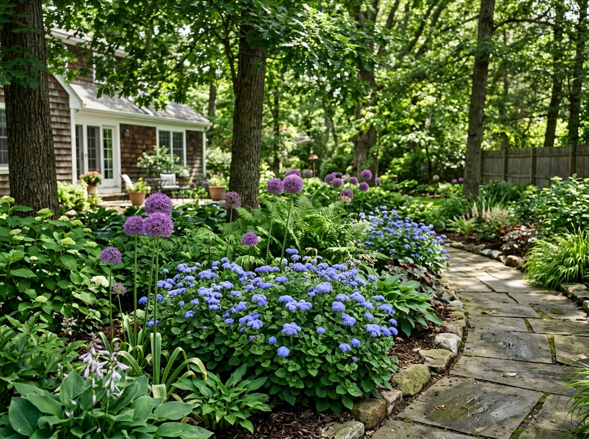 ornamental shade garden with floss flowers and alliums - mosquito repelling plants for shade