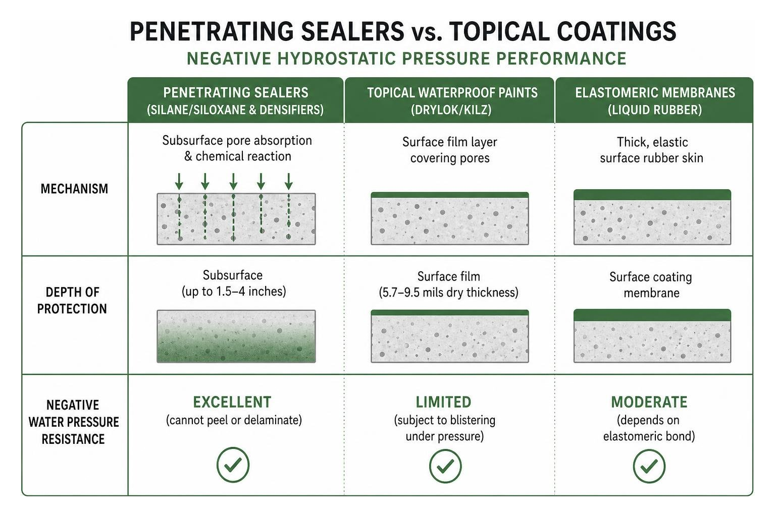 diagram comparing penetrating sealers vs topical coatings on negative hydrostatic pressure performance