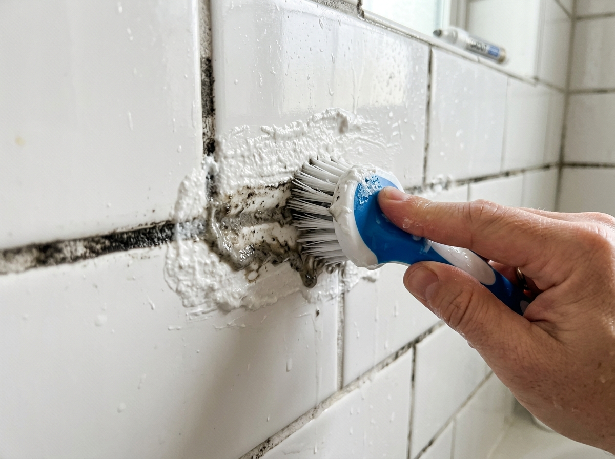 Scrubbing moldy grout with a small brush and paste - vinegar baking soda mold Scrubbing moldy grout with a small brush and paste - vinegar baking soda mold