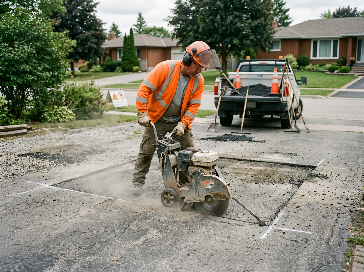 contractor cutting clean edges around a driveway pothole