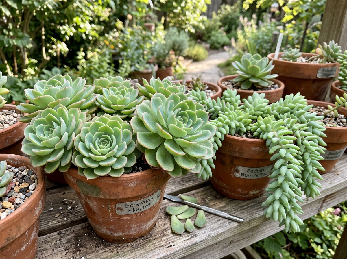 healthy Echeveria and Sedum mother plants ready for leaf harvesting - succulent grow from leaf