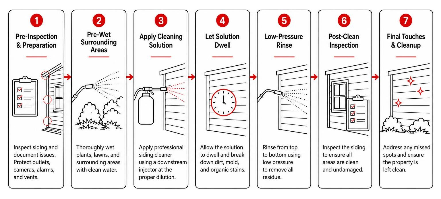diagram of the step-by-step commercial vinyl siding cleaning process