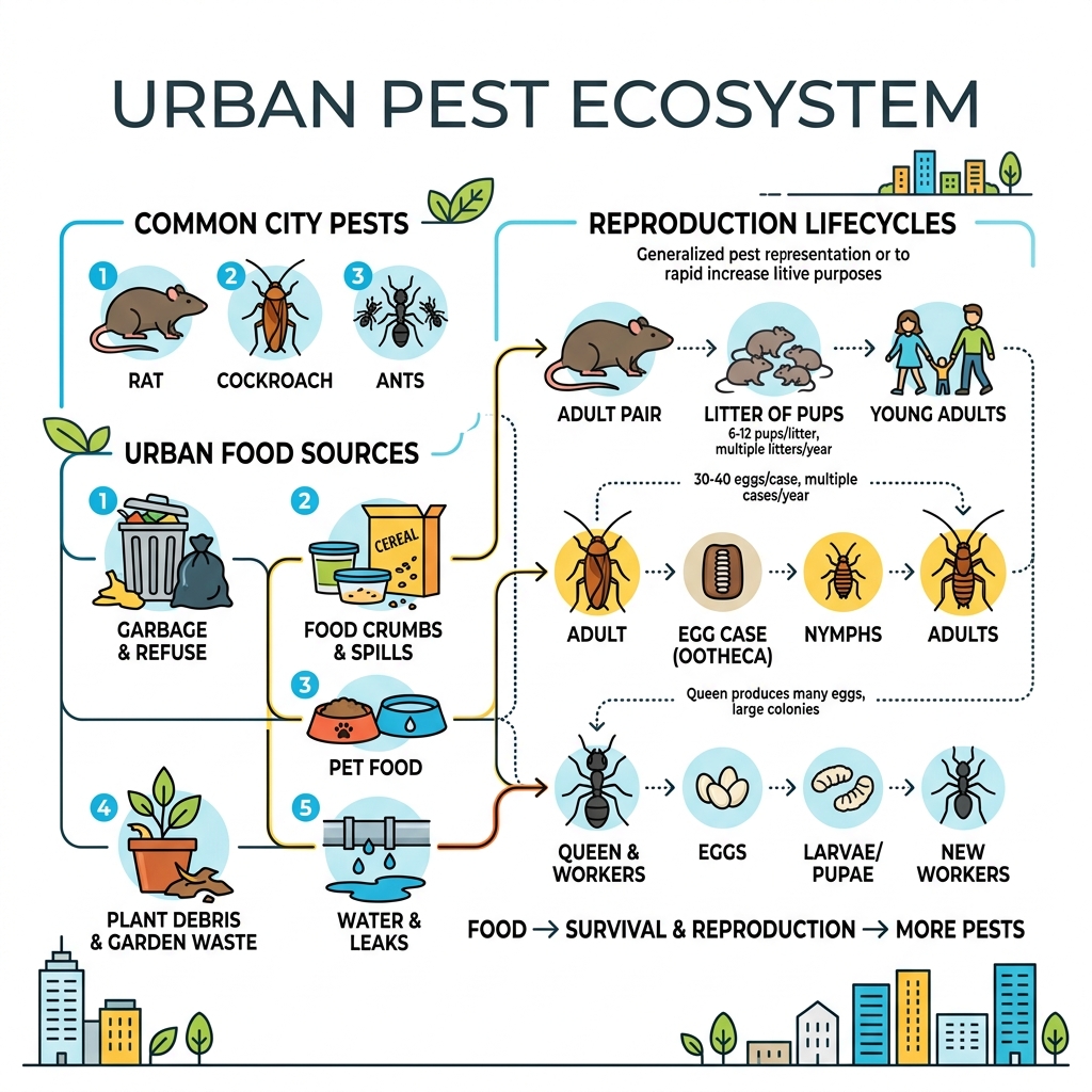 Urban pest ecosystem showing common city pests, their food sources, and reproduction lifecycle - Pest control urban