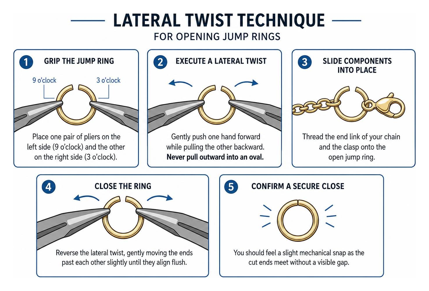 diagram of lateral twist technique for opening jump rings