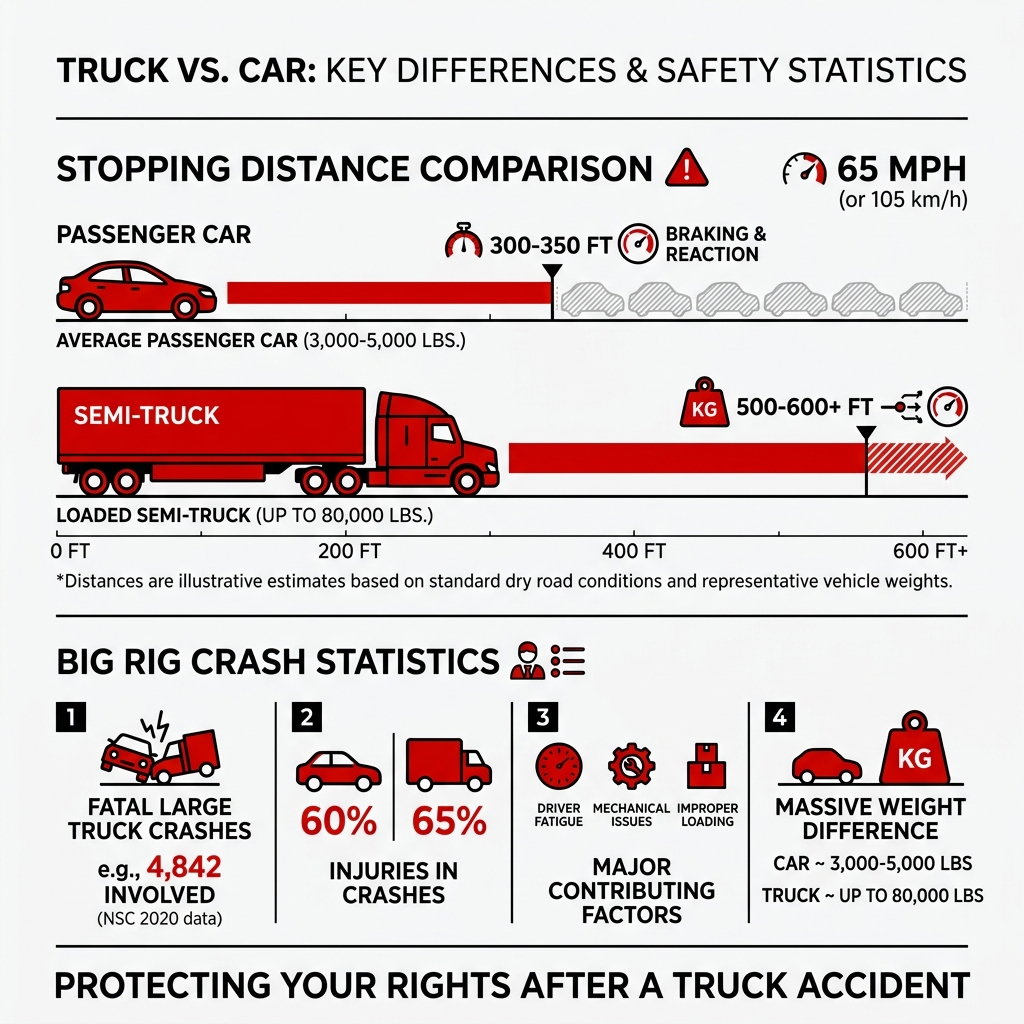 infographic comparing stopping distances of semi-trucks vs passenger cars and key big rig crash statistics - Big rig crash infographic comparing stopping distances of semi-trucks vs passenger cars and key big rig crash statistics - Big rig crash