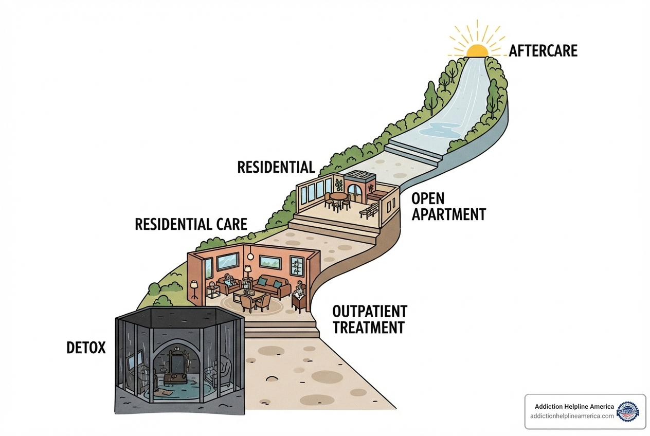 Illustration of a pathway with steps representing different levels of care in addiction treatment, from detox to outpatient and aftercare - drug rehab san diego Illustration of a pathway with steps representing different levels of care in addiction treatment, from detox to outpatient and aftercare - drug rehab san diego