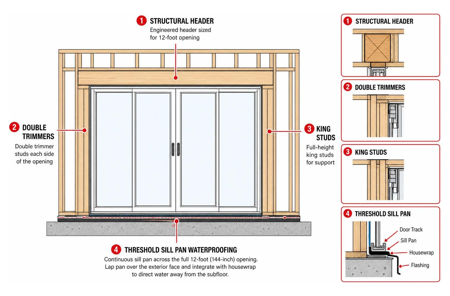 Diagram showing structural header, double trimmers, king studs, and threshold sill pan waterproofing setup
