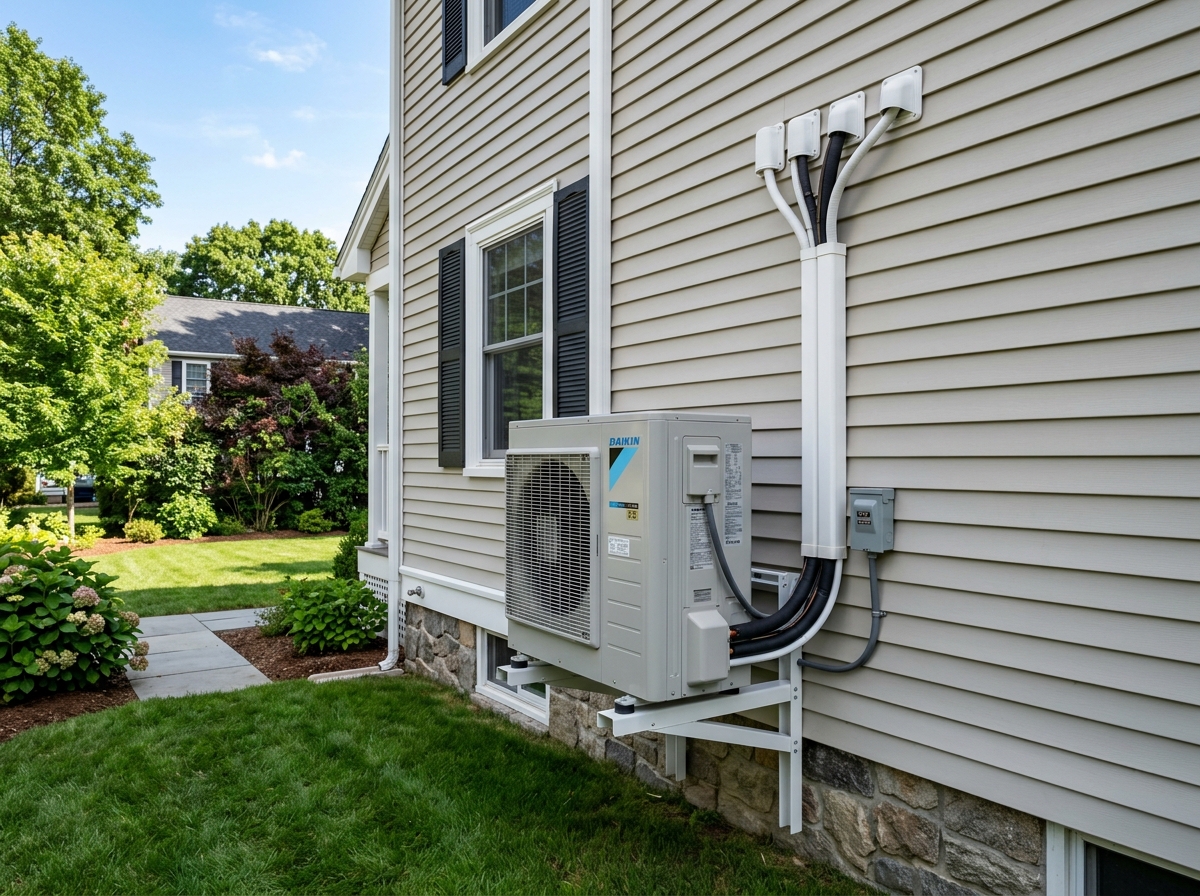 Photo of a multi-zone outdoor condenser unit installed neatly on a residential exterior wall in Burlington - Ductless AC
