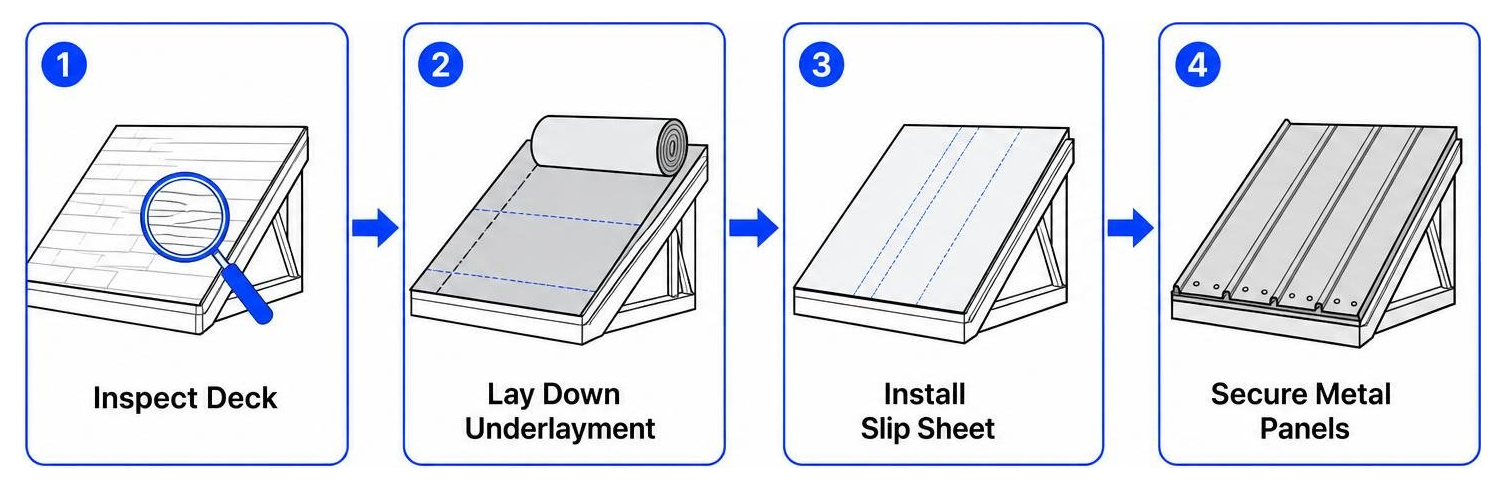 Retrofitting metal roof over shingles process: inspect deck, lay down underlayment, install slip sheet, secure metal panels Retrofitting metal roof over shingles process: inspect deck, lay down underlayment, install slip sheet, secure metal panels