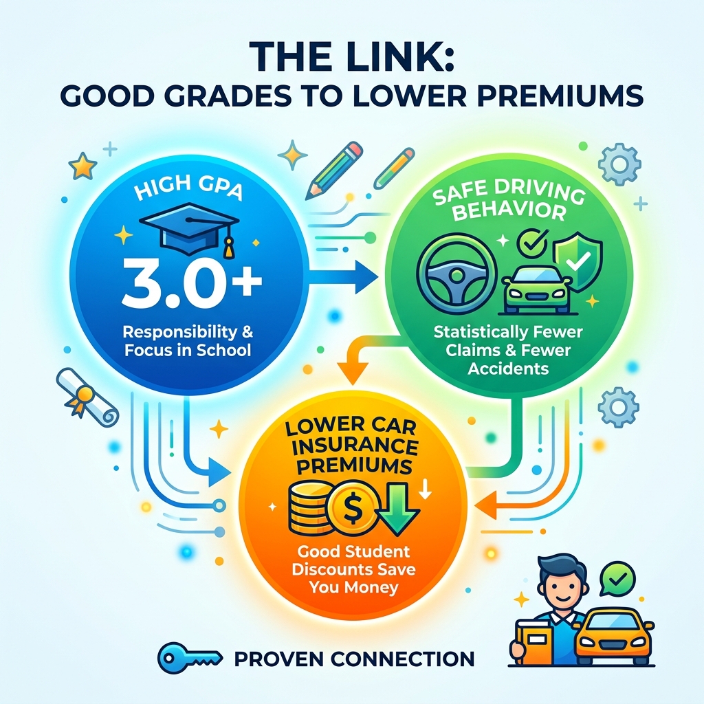 Infographic showing link between high GPA, safe driving behavior, and lower car insurance premiums - good student discount