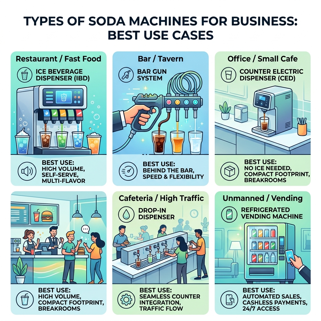Types of soda machines for business and their best use cases infographic - Soda machine for business infographic 