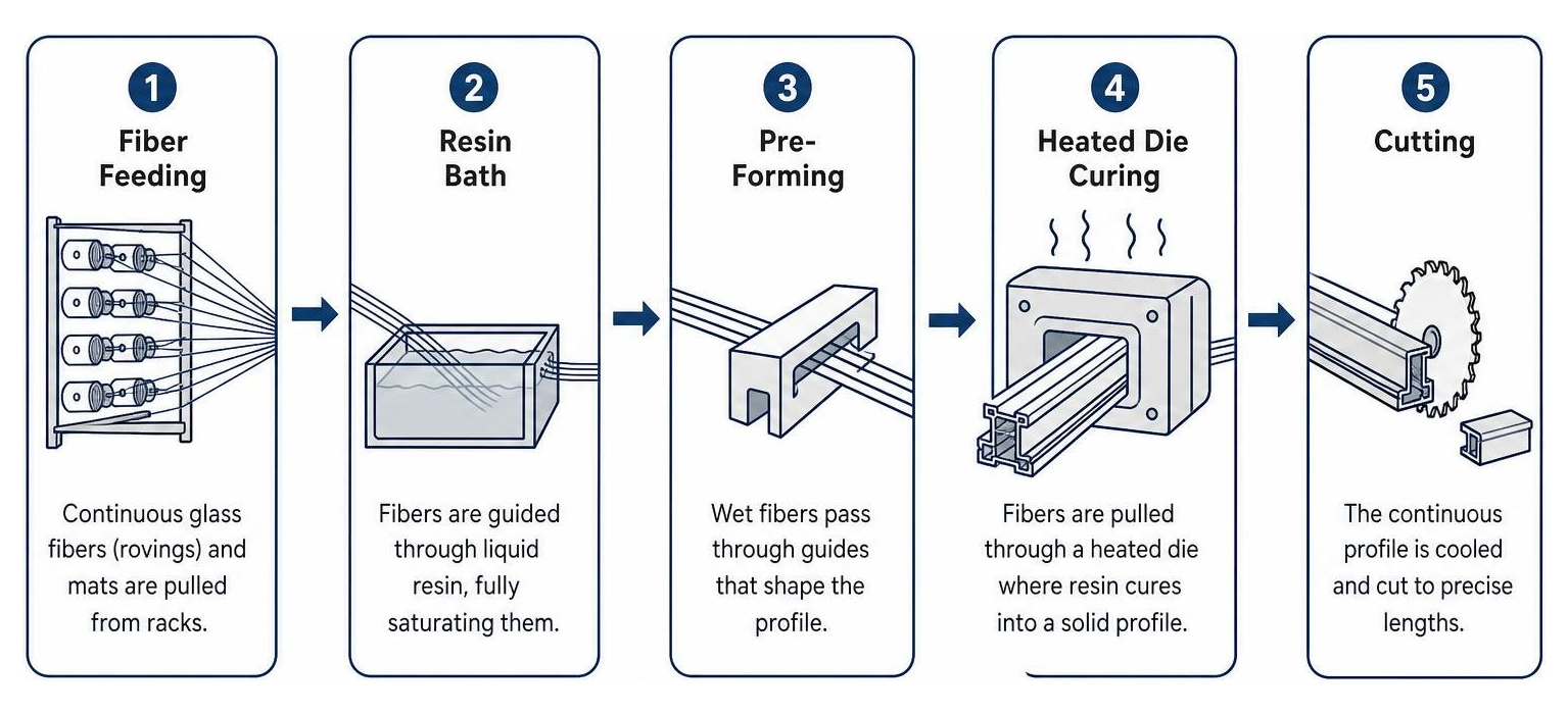 Diagram of the fiberglass pultrusion manufacturing process step-by-step Diagram of the fiberglass pultrusion manufacturing process step-by-step