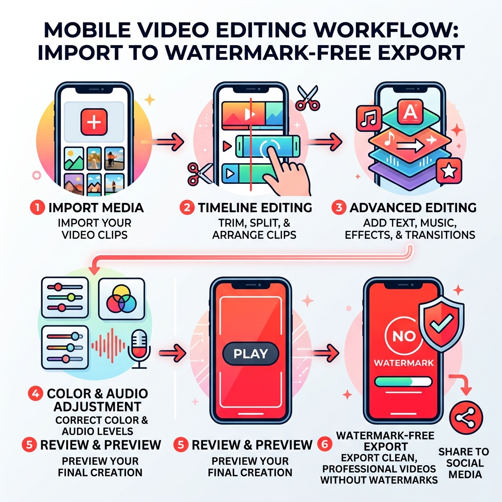 Mobile video editing workflow infographic showing steps from import to watermark-free export - full screen video editing app Mobile video editing workflow infographic showing steps from import to watermark-free export - full screen video editing app