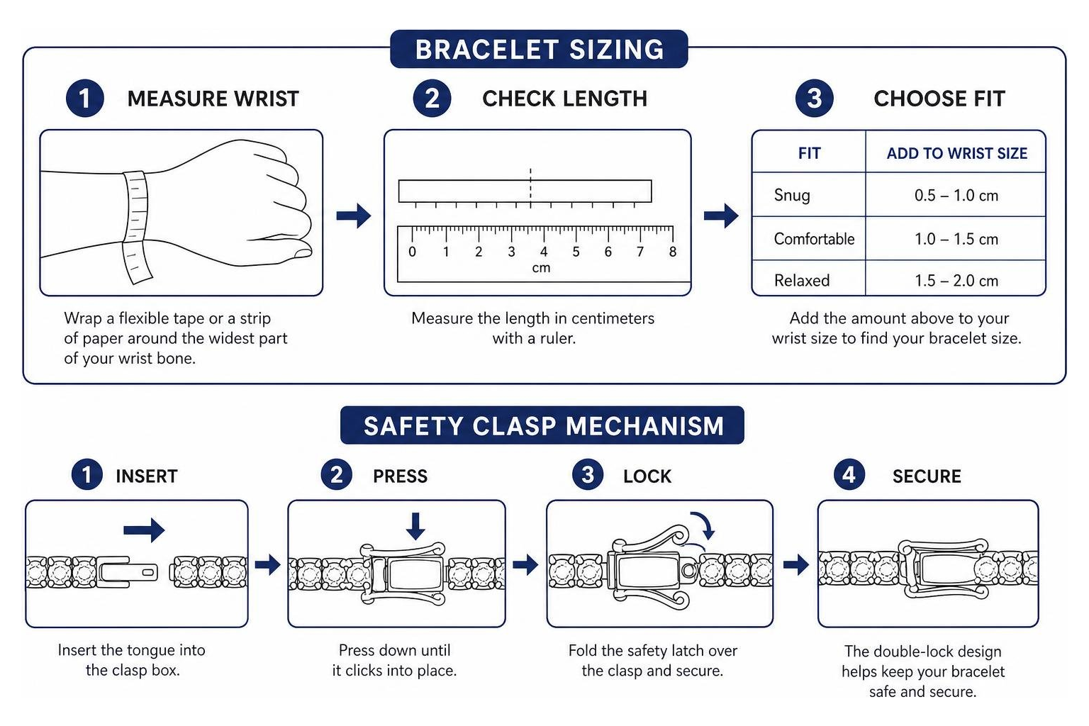 Bracelet sizing and safety clasp mechanism Bracelet sizing and safety clasp mechanism