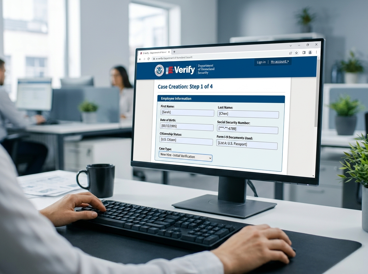 Computer screen showing the E-Verify case creation portal for a new employee - what is e-verify