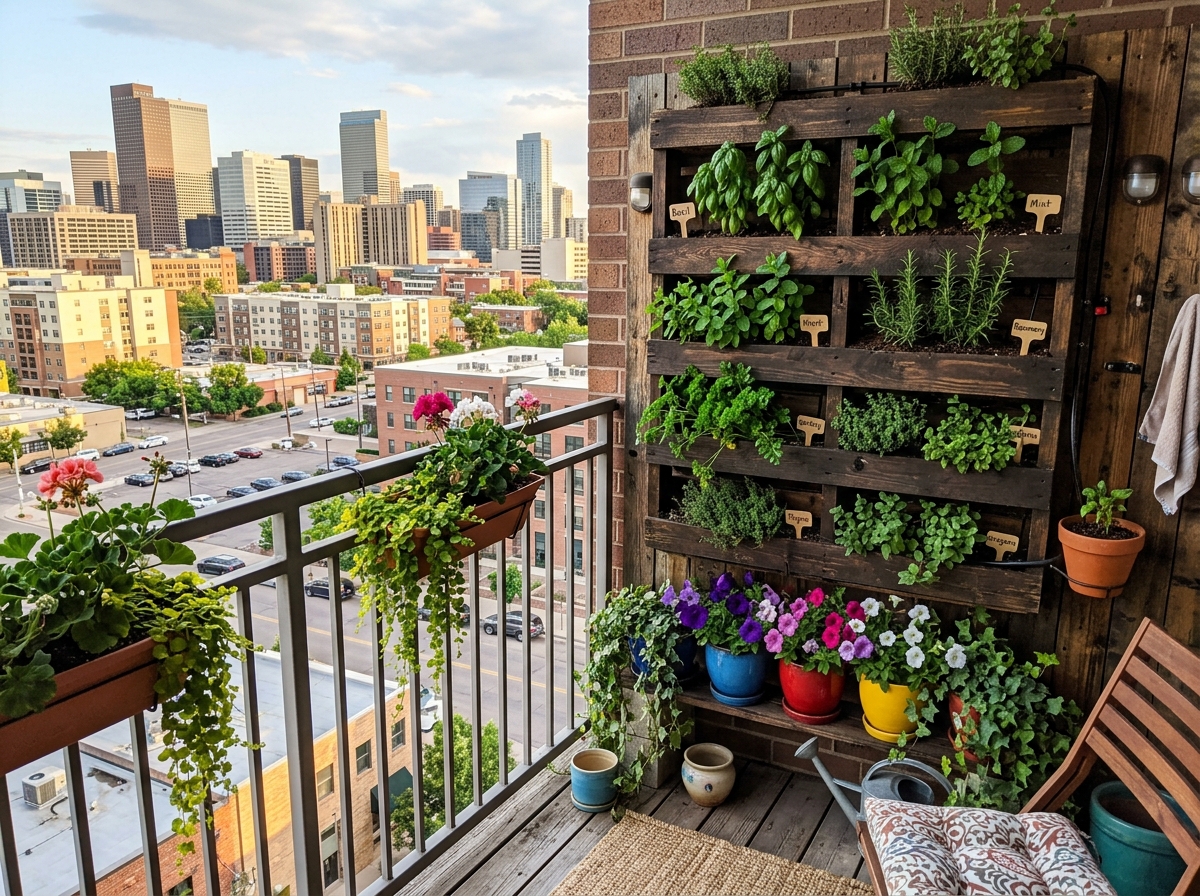 vertical pallet garden with herbs and small flower pots - small balcony garden ideas