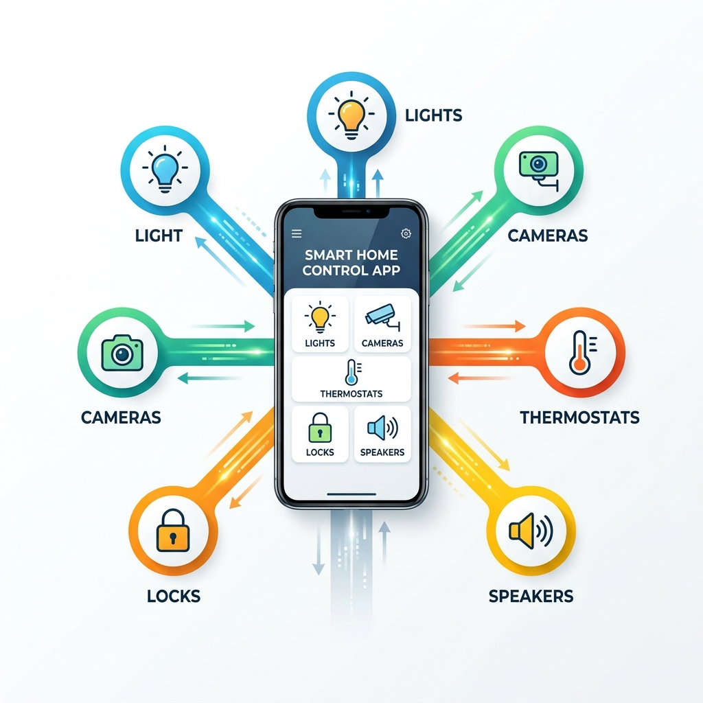 Infographic showing how a smart home control app connects lights, cameras, thermostats, locks, and speakers into one Infographic showing how a smart home control app connects lights, cameras, thermostats, locks, and speakers into one
