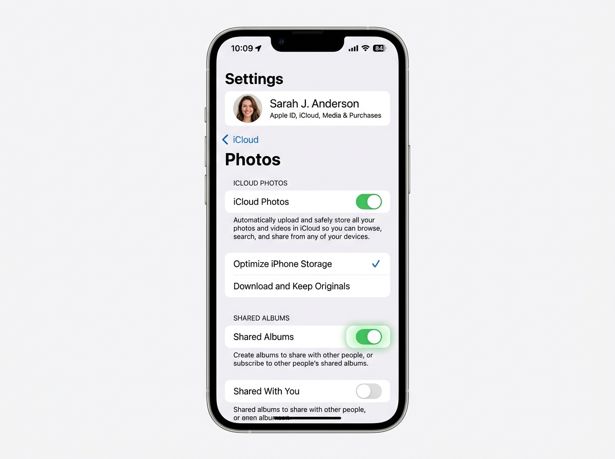 iPhone Settings menu showing the iCloud Photos toggle for Shared Albums - how to see shared photo albums on iphone