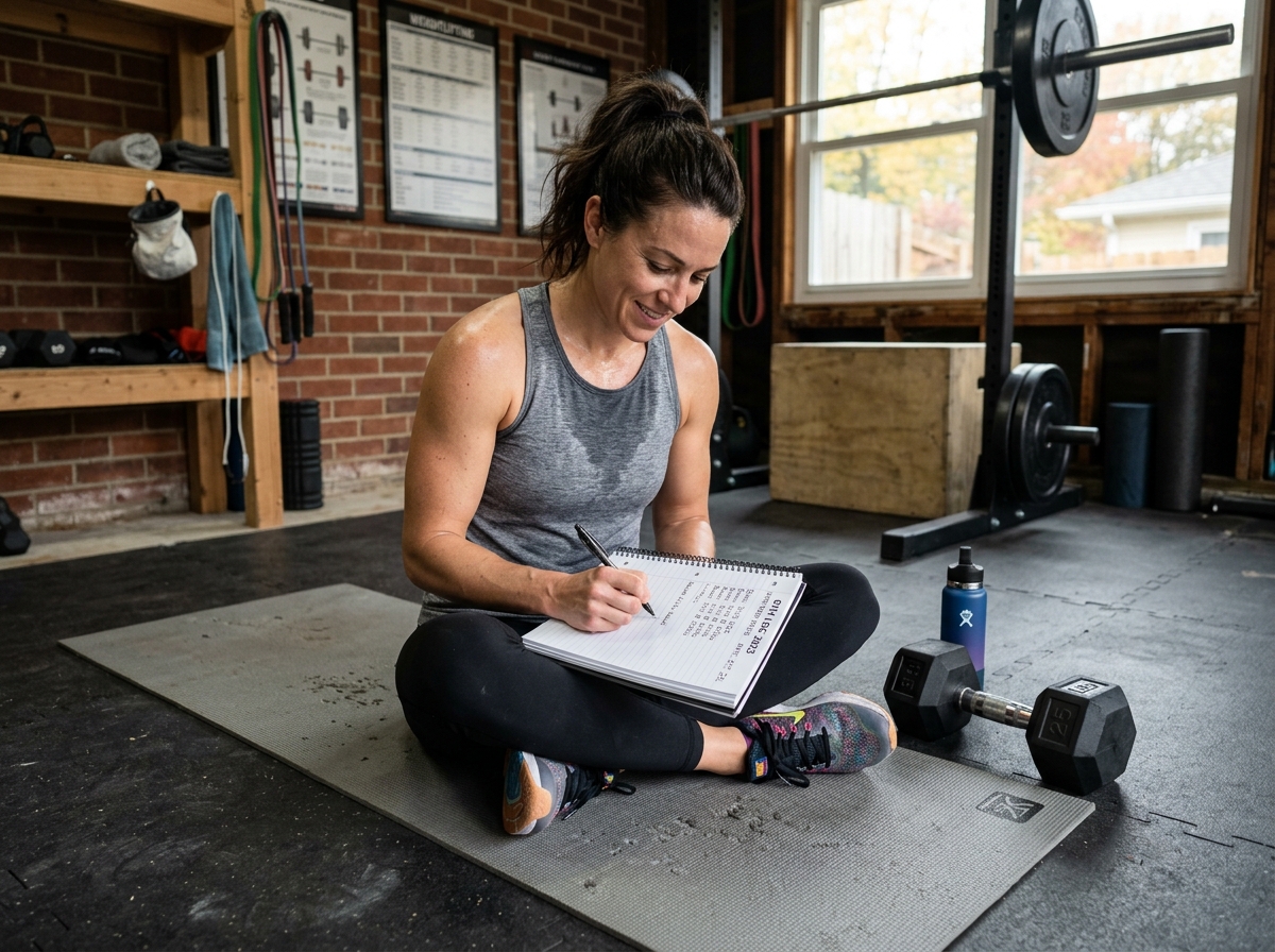 woman tracking her workout progress in a notebook with dumbbells nearby - women's upper body workout guide