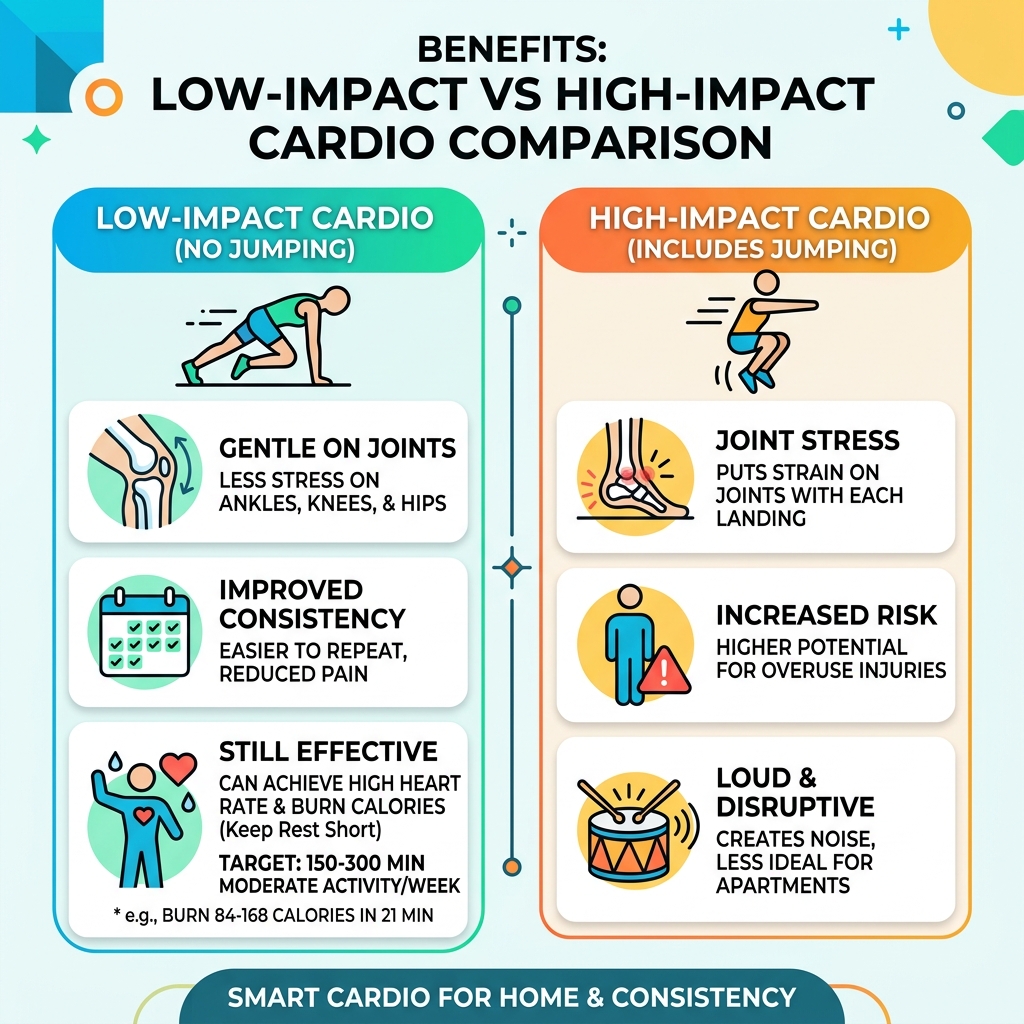 benefits of low-impact vs high-impact cardio comparison infographic - cardio at home no jumping infographic 