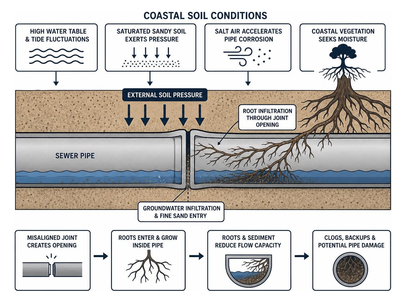 Diagram showing external coastal soil pressure and root infiltration into sewer pipe joints