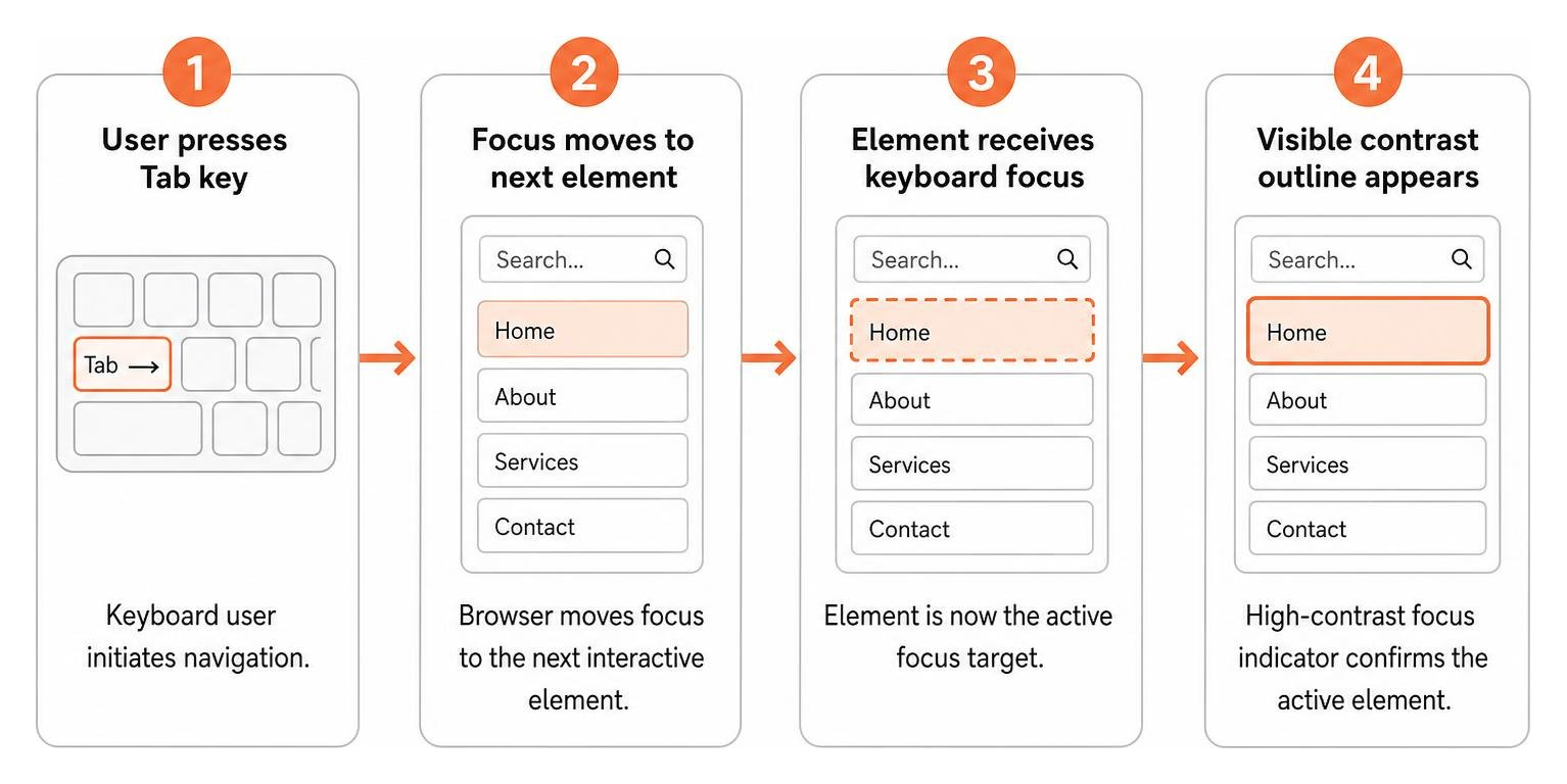 Keyboard focus indicator flow from user tabbing to visible contrast outline Keyboard focus indicator flow from user tabbing to visible contrast outline