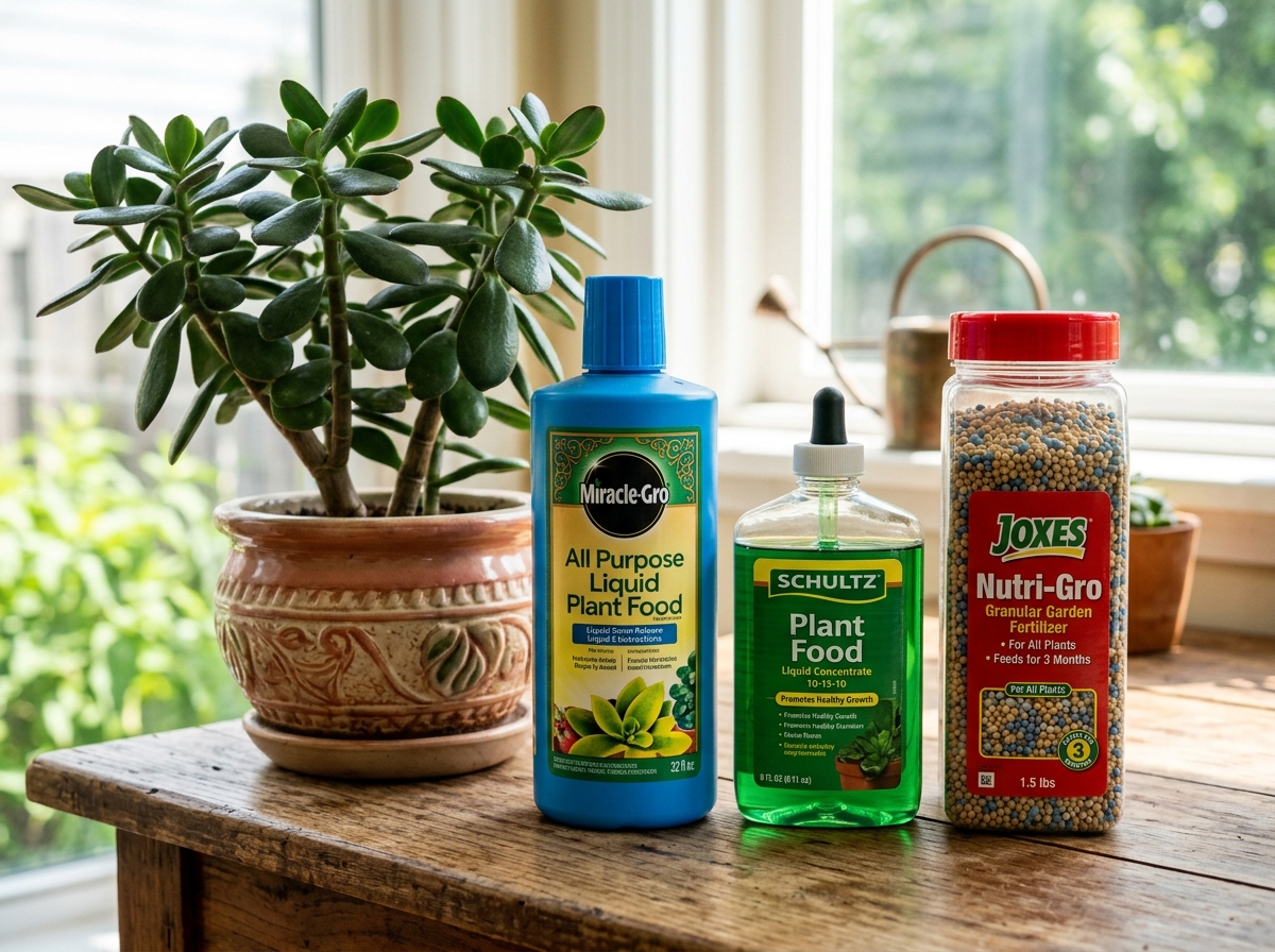 A collection of fertilizer bottles including liquid concentrates and slow-release granules next to a potted Jade plant