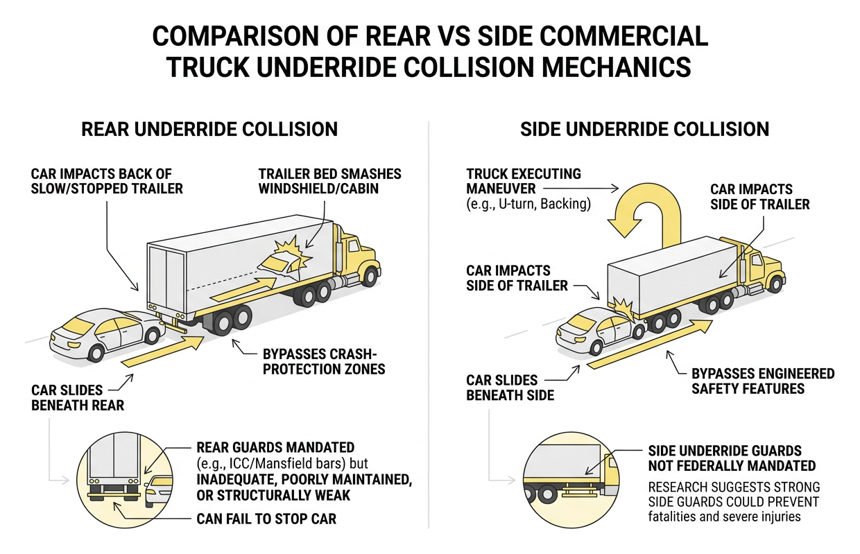 Comparison of rear vs side commercial truck underride collision mechanics