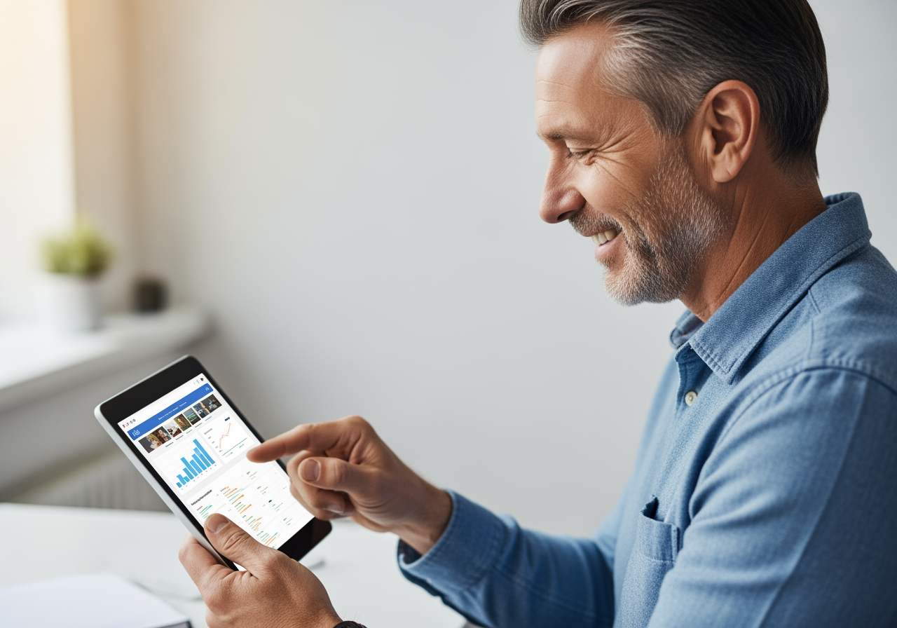 Business owner using a tablet to check website analytics - AI search optimization