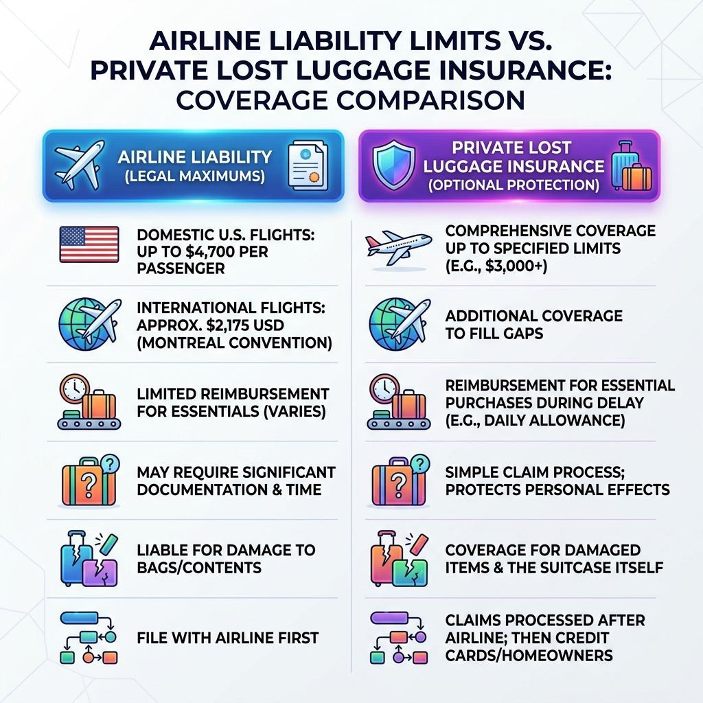 Infographic: Airline liability limits vs private lost luggage insurance coverage comparison - lost luggage insurance