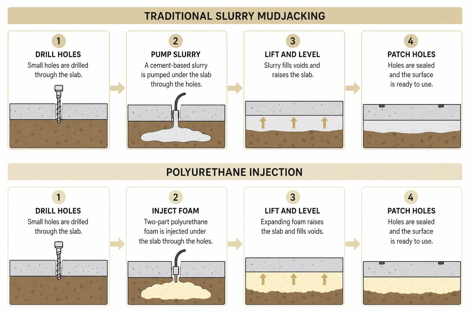 Diagram showing the polyurethane foam injection process used for concrete leveling Diagram showing the polyurethane foam injection process used for concrete leveling
