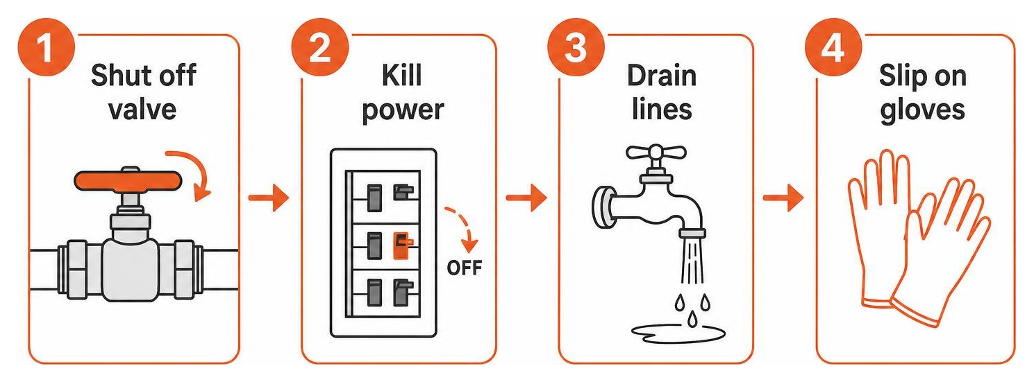Emergency steps sequence: shut off valve, kill power, drain lines, slip on gloves Emergency steps sequence: shut off valve, kill power, drain lines, slip on gloves