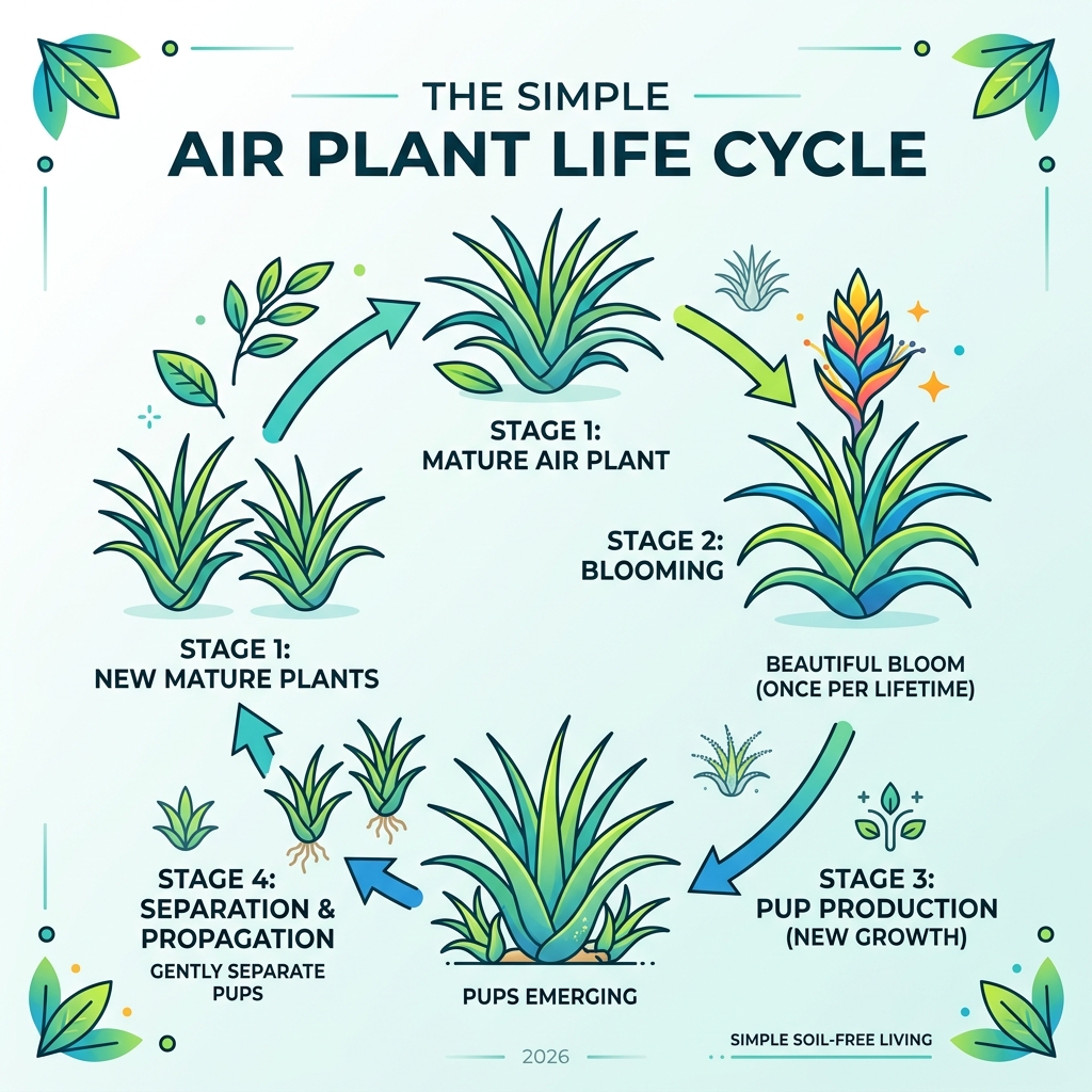 Air plant life cycle infographic showing bloom, pup production, and propagation stages - air plants low maintenance