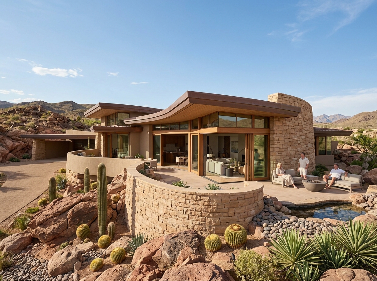 Frank Lloyd Wright-inspired organic architecture in Boulder City showing curved walls and desert integration - contemporary Frank Lloyd Wright-inspired organic architecture in Boulder City showing curved walls and desert integration - contemporary