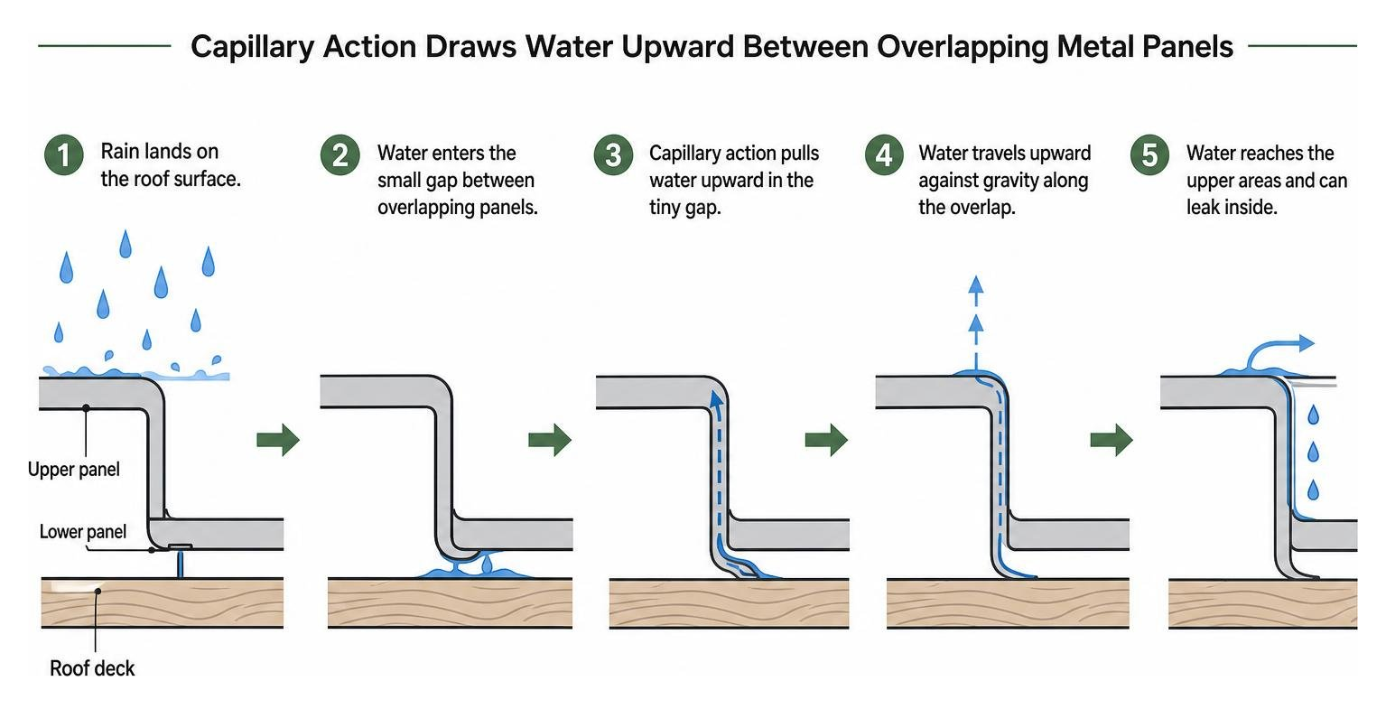 Diagram showing how capillary action draws water upward between overlapping metal panels Diagram showing how capillary action draws water upward between overlapping metal panels