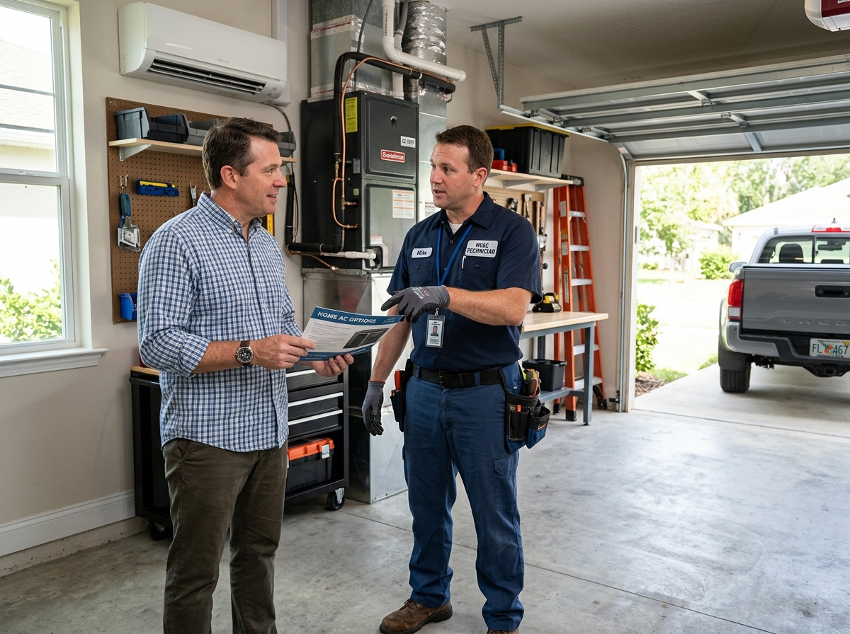 Homeowner discussing AC replacement options with a Comfort Temp technician in a blue uniform - I'm looking for quotes from Homeowner discussing AC replacement options with a Comfort Temp technician in a blue uniform - I'm looking for quotes from