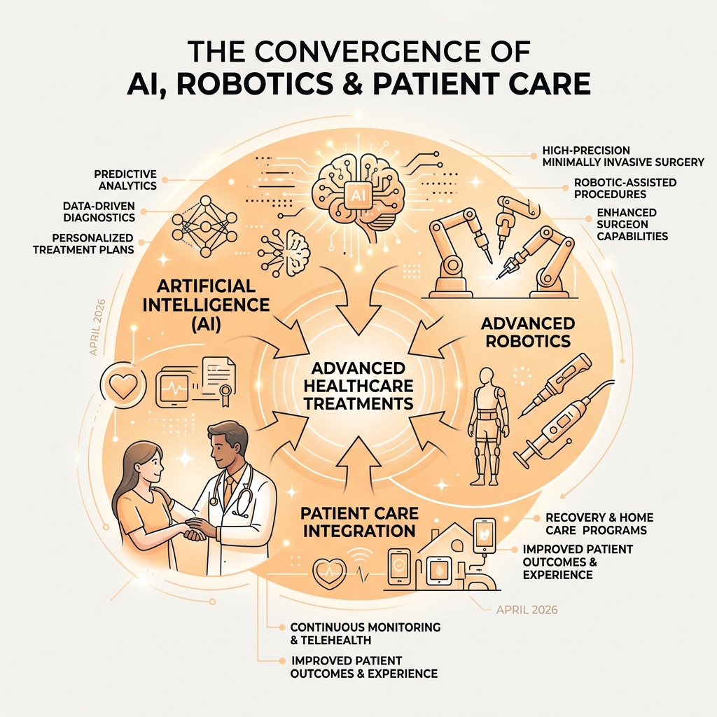 Infographic explaining the convergence of AI, robotics, and patient care - advanced healthcare treatments infographic 