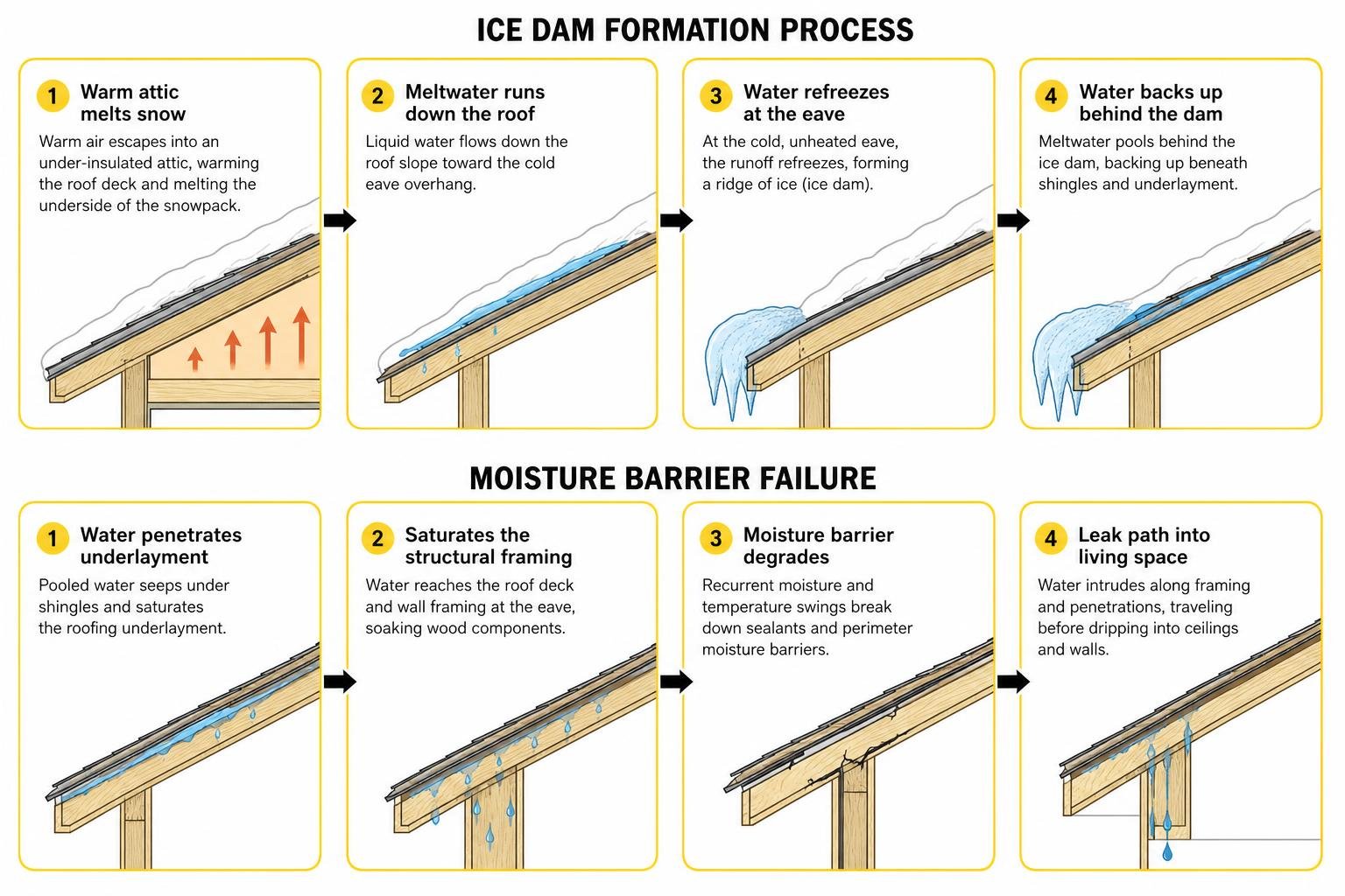 Ice dam formation process and moisture barrier failure Ice dam formation process and moisture barrier failure
