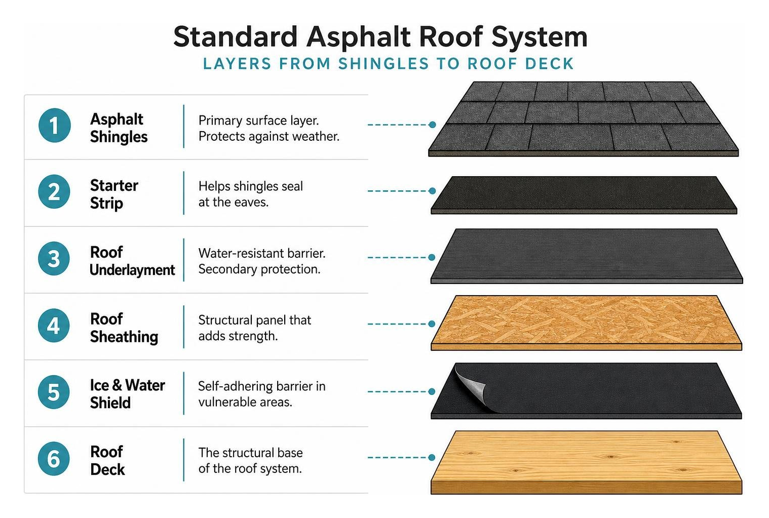 infographic showing the layers of a standard asphalt roof system from shingles to roof deck infographic showing the layers of a standard asphalt roof system from shingles to roof deck