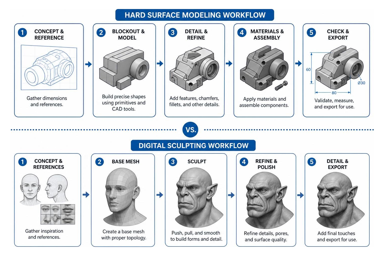 Diagram of 3D modeling techniques: hard surface vs digital sculpting workflow Diagram of 3D modeling techniques: hard surface vs digital sculpting workflow