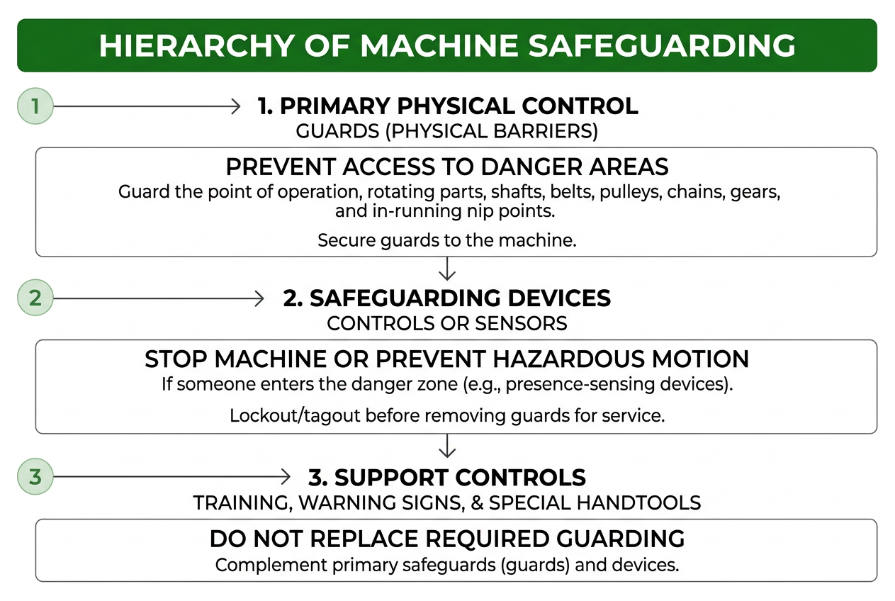 Hierarchy of machine safeguarding: physical barriers, presence-sensing devices, and administrative controls Hierarchy of machine safeguarding: physical barriers, presence-sensing devices, and administrative controls