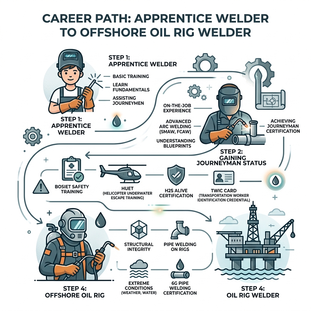 Career path infographic from apprentice welder to certified offshore oil rig welder with key milestones - welding jobs oil Career path infographic from apprentice welder to certified offshore oil rig welder with key milestones - welding jobs oil