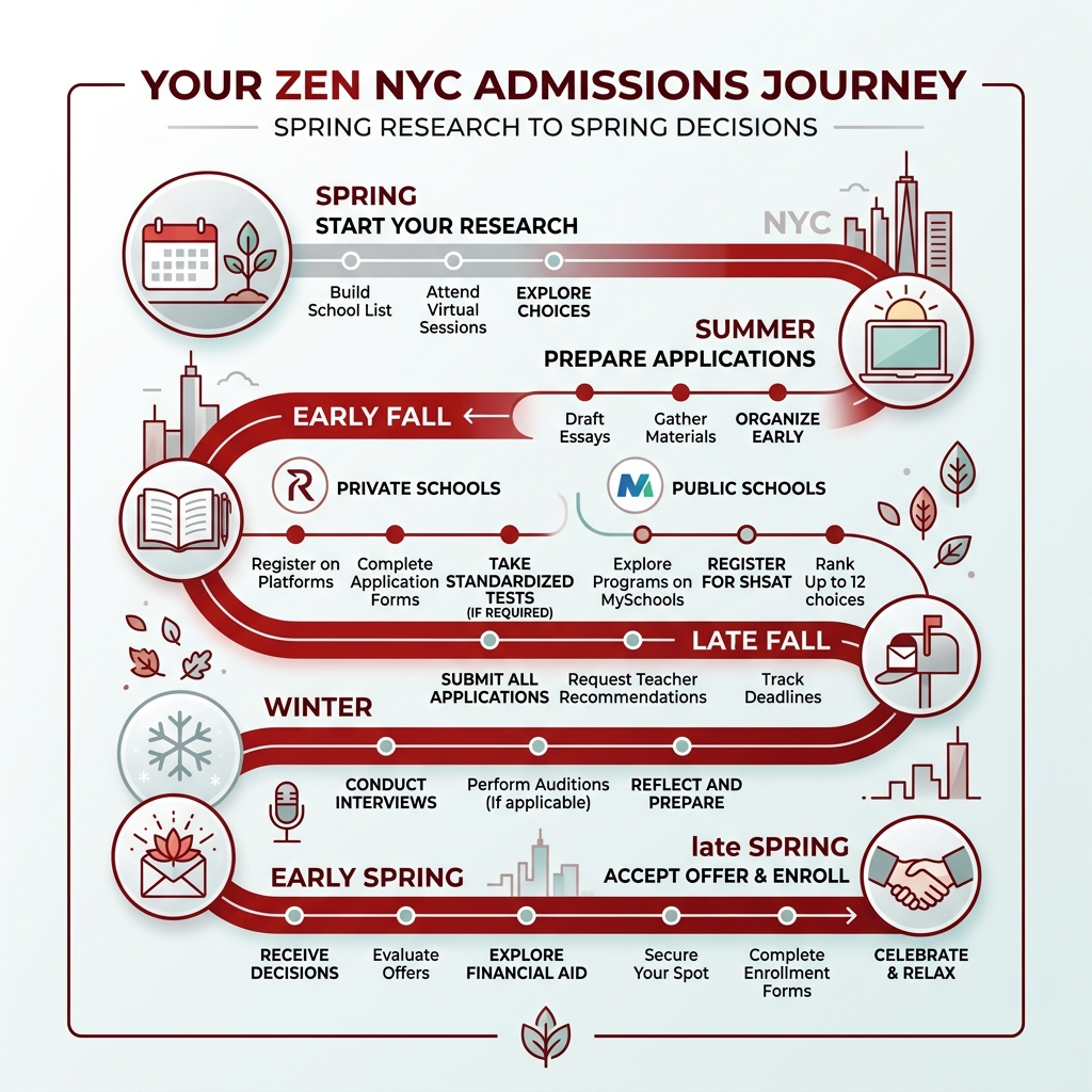 high-level NYC admissions cycle from spring research to spring decisions - calm NYC admissions guidance infographic