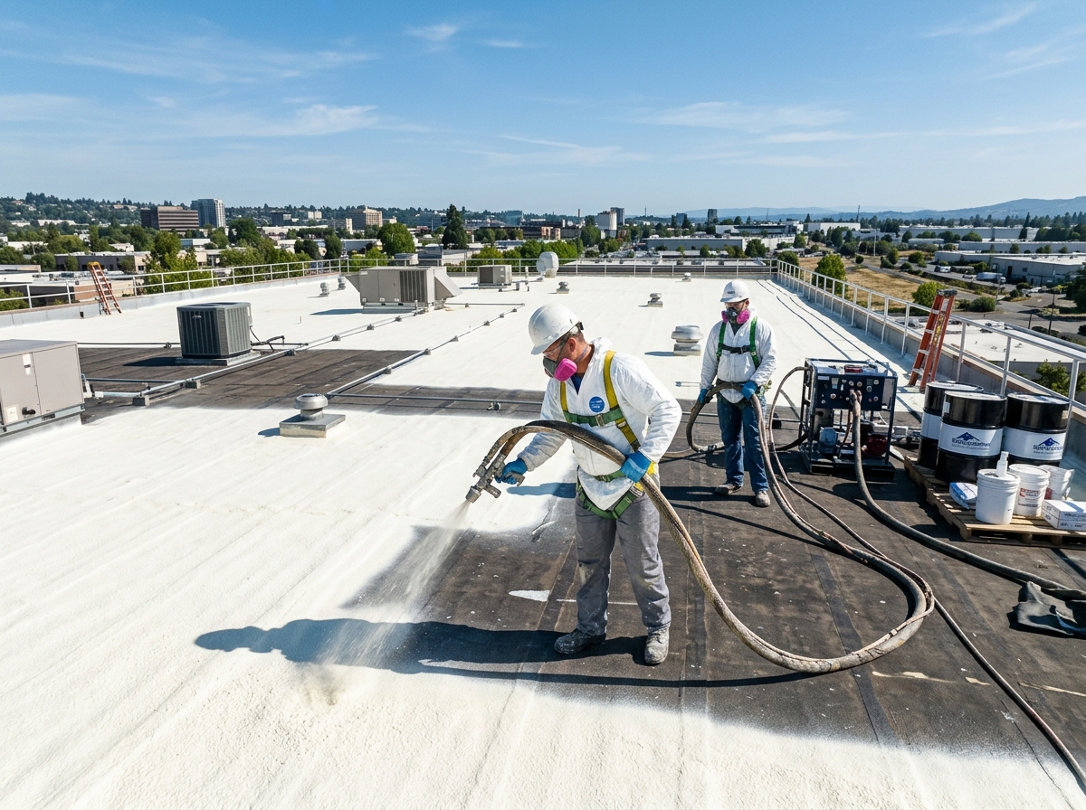 application of high-density spray foam coating on a commercial roof - roofing contractors eau claire application of high-density spray foam coating on a commercial roof - roofing contractors eau claire