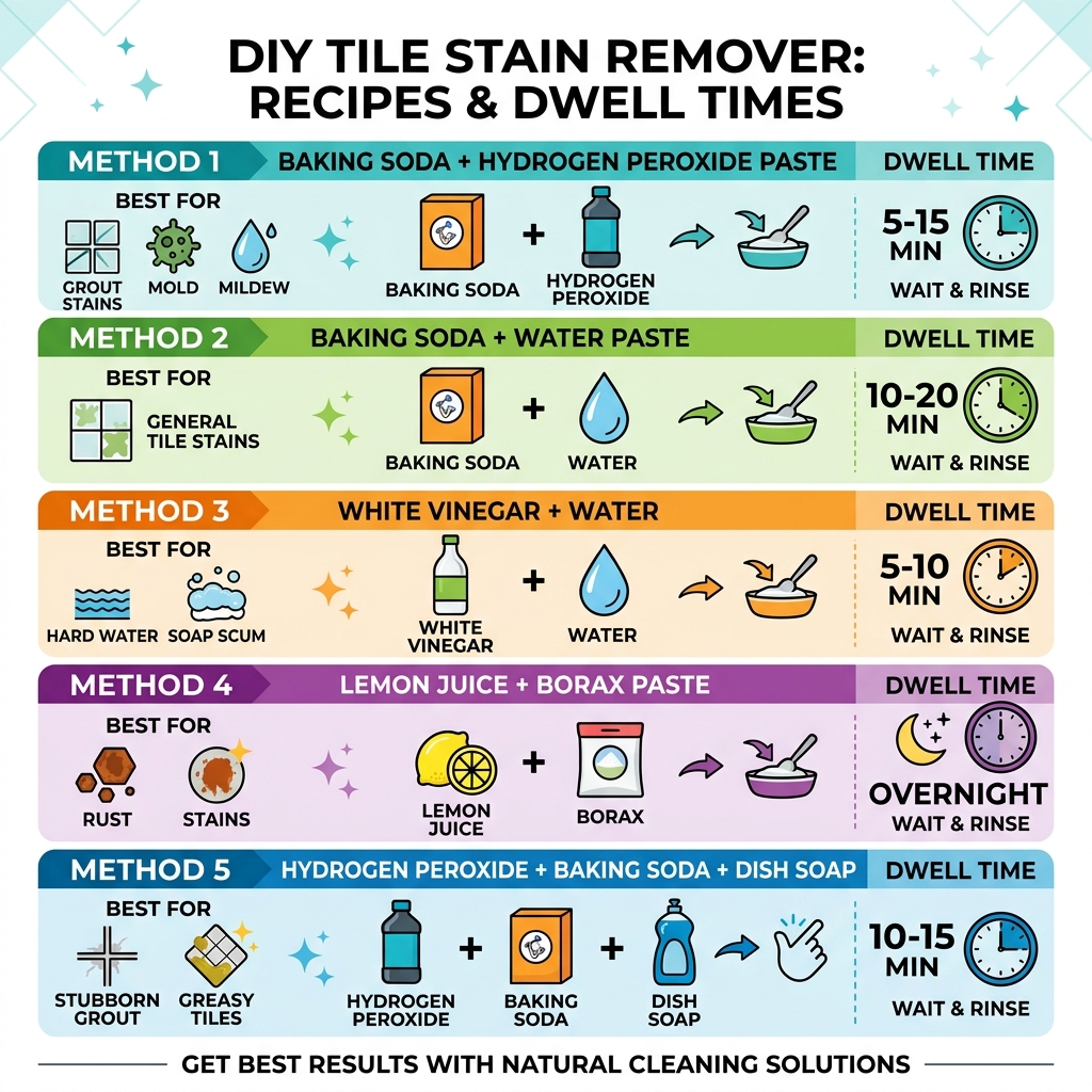 Infographic showing DIY tile stain remover methods, ingredients, and dwell times for best results - diy tile stain remover